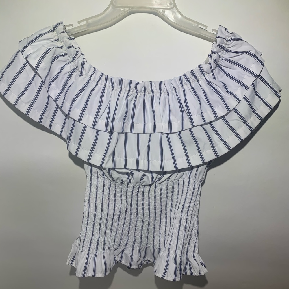 White off the shoulder striped shirt